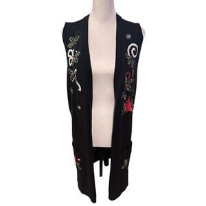 Holiday Time Women's 1X Black Sleeveless Cardigan with Festive Embroidery
